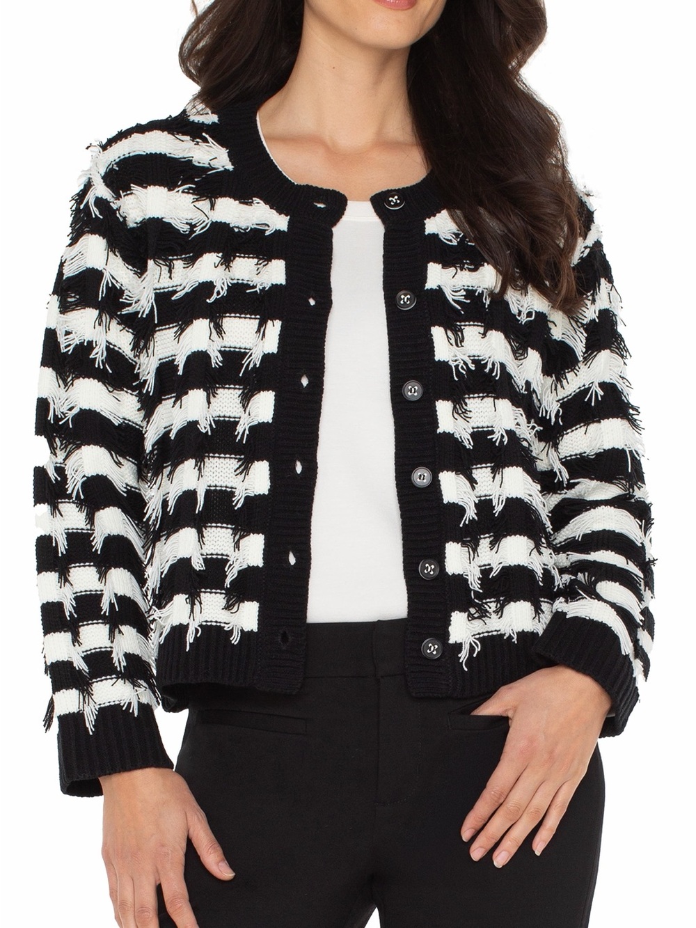 Liverpool Black and White Striped Fringe Button-Front Cardigan